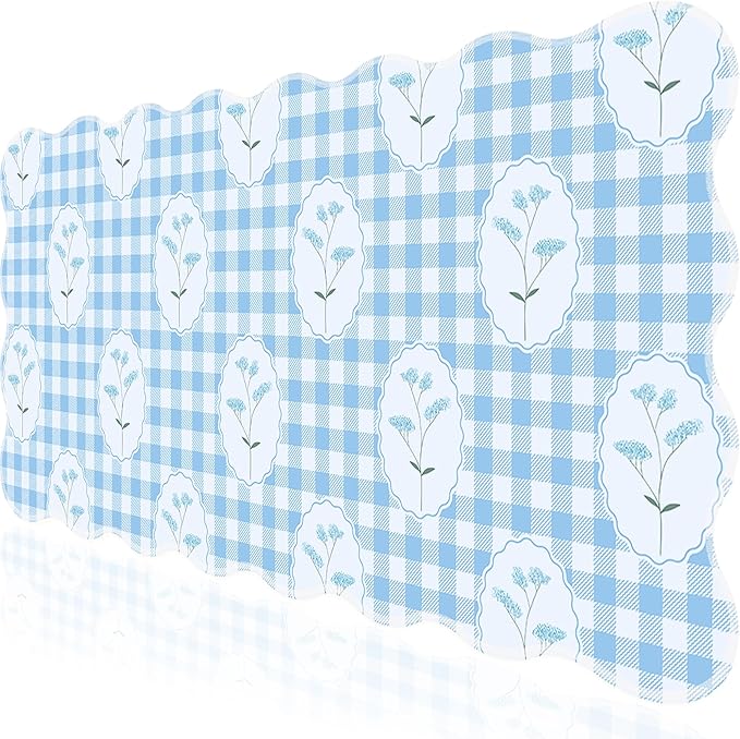 L-SPOUTTO Blue Mouse Pad,Checkered Floral Desk Mat XXL Large Scalloped Cottagecore Gaming Mousepad,35.4x15.7in Non-Slip Rustic Keyboard Pad Desktop Mat for Laptop Computer Game Home Office