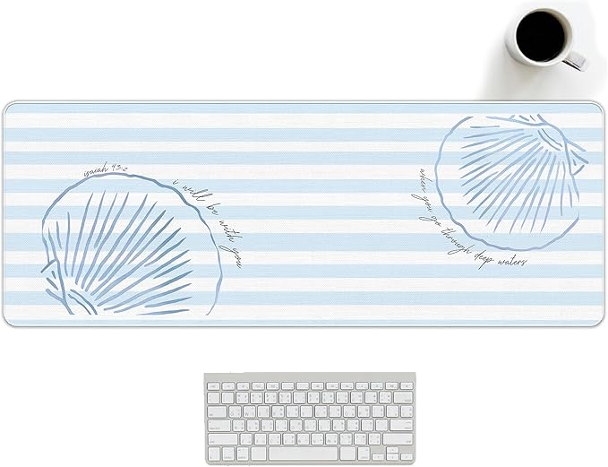 Coastal Mouse Pad Summer Blue Desk Mat, Christian Beach Large Desktop Mats for Desk, Blue and White Long Laptop Keyboard Mat Cute Seashell Gaming Desk Pad Mat Coastal Decor for Office Dorm 31.5x11.8