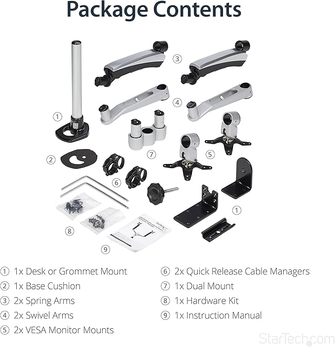 StarTech.com Desk Mount Dual Monitor Arm - Articulating - Supports VESA Monitors 12'' to 30" (19.8lb/9kg) - Adjustable - Grommet/Desk Mount - Premium - Silver, TAA (ARMDUAL30)