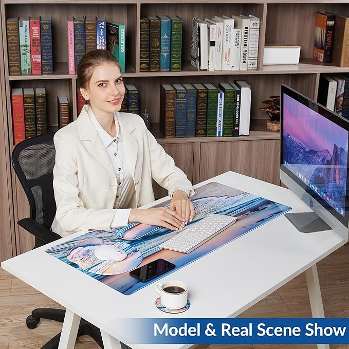 Desk Mat Set + Keyboard and Mouse Pad with Wrist Rest Support,4-in-1 Large Mousepad Computer Mats for Desktop Home & Office-Sunset Sea