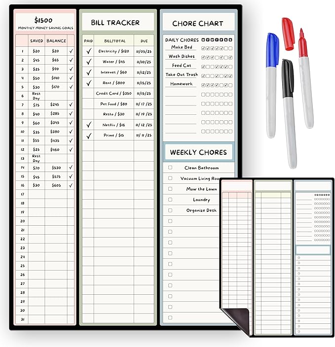 Magnetic Dry Erase Budget Planner and Bill Organizer | 10" x 14" Whiteboard Calendar for Wall or Fridge | Monthly Bill Tracker, Chore Chart, and Family Organizer | Dry Erasable Markers Included