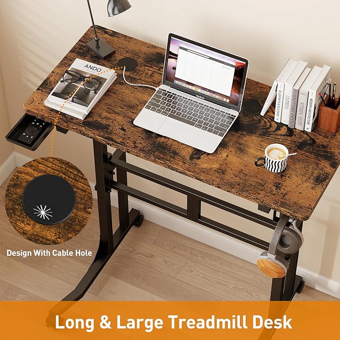 ikkle Standing Desk with Wheels, Adjustable Treadmill Desk, Rolling Bike Trainer Desk for Walking Pad Laptop, Phone Standing, Brown