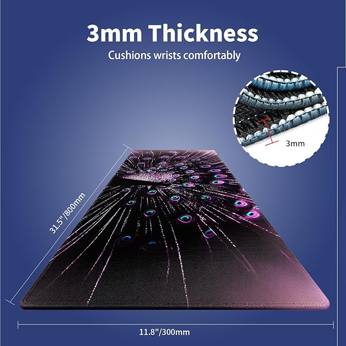 XXL Gaming Mouse Pad with Stitched Edges 31.5 x 11.8 Inches - Gorgeous Purple Black Peacock, Smooth Cloth Surface Natural Anti-Slip Rubber Base Large Desk Mat for PC Office/Home