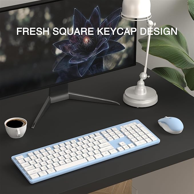 Wireless Keyboard and Mouse Combo, Full-Size 104-Key Office Keyboard with 15 Function Keys, Numeric Keypad, Single USB Receiver, Compatible with PC and Laptop(Blue White)