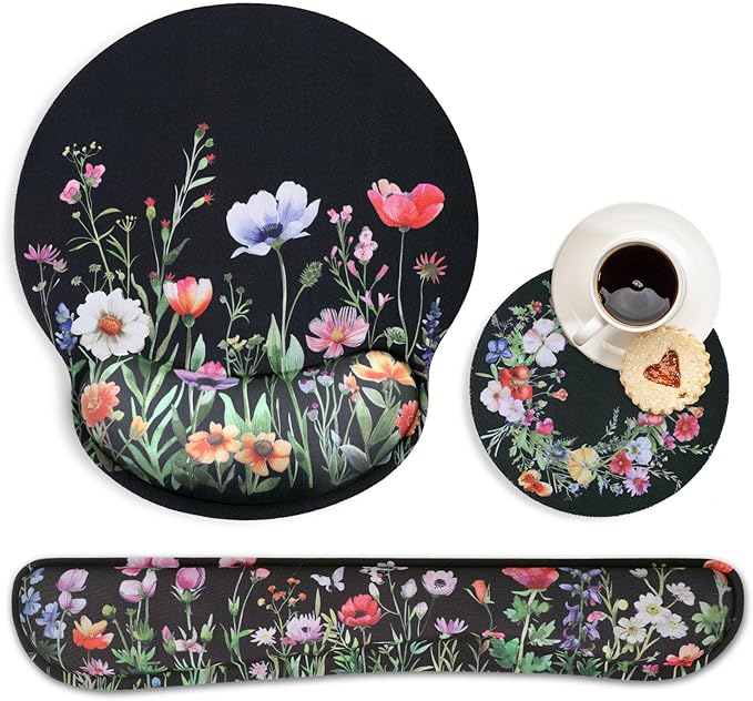 Wildflower Mouse Pad with Wrist Rest and Keyboard Wrist Rest Set, Black Floral Ergonomic Memory Foam Mouse Pad Set for Women, Office Desk Accessories, Gaming Use