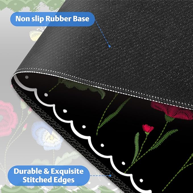 Desk Pad for Keyboard and Mouse, Large Mouse Pad for Desk, Non-Slip Keyboard Mat, Computer Mats for Desk, Desk Pad with Stitched Edges for Office, Gaming I Lovely Black Plants