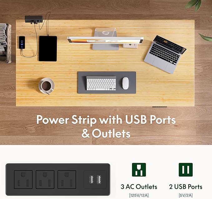 FLEXISPOT EN2 Bamboo Standing Desk with Clamp Power Strip, 48 x 24'' Electric Stand Up Height Adjustable Desk with Cable Management (Black Frame + 48" Bamboo Top, 2 Packages)
