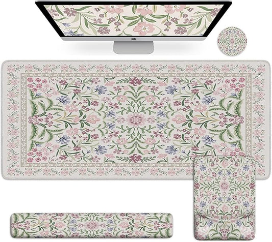 iCasso Mouse Pad with Wrist Rest,Large Desk Mat Set,Ergonomic Keyboard Pad with Wrist Support,Non-Slip Mouse Mat for Women,Cute Floral Computer Mat for Home Office Gaming (Purple)