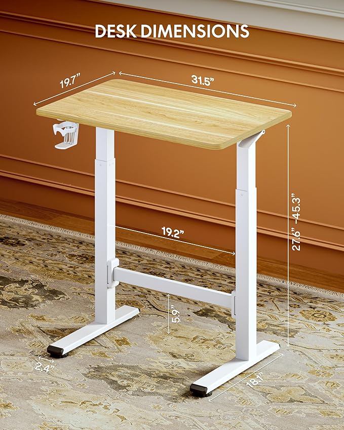 FLEXISPOT H7 Plus Gas Spring Adjustable Standing Desk, Mobile Rolling Sit-Stand Workstation with Wheel, Cordless Stand Up Desk for Small Room & Home Office 32" One-Piece Desktop Maple,height 27.6"–45"