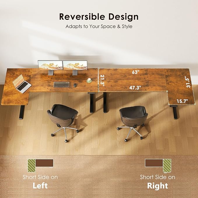 OffiGo Electric L Shaped Standing Desk, 63 Inches Height Adjustable Table, Reversiable Corner Stand Up Desk, Lifting Computer Table for Home Office, Computer Workstation, Rustic Brown