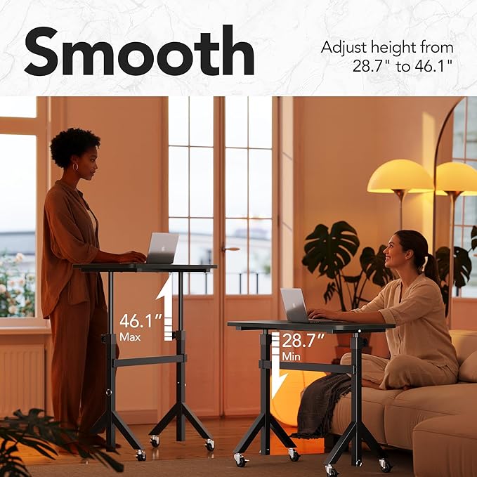 HUANUO 32'' Small Standing Desk with Wheels,28.7"-46.1" Heigh Adjustable Portable Rolling Desks,Mobile Stand Up Desk for Walking Pad and Treadmill,Sit to Stand Computer Workstation for Bedroom,Black