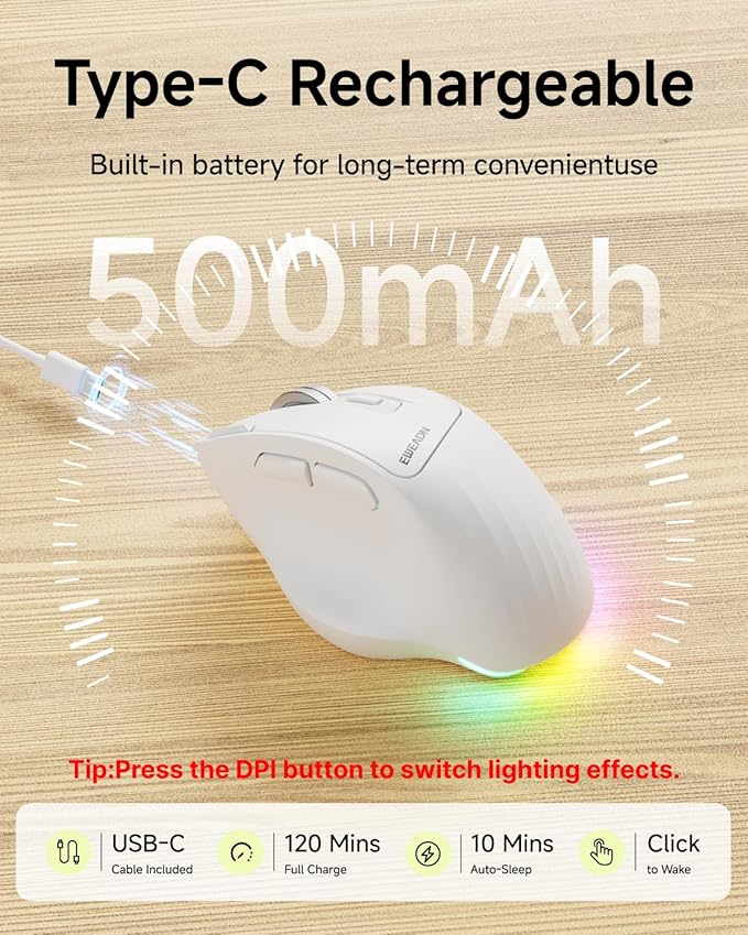 C2 Ergonomic Wireless Mouse, Rechargeable Bluetooth & 2.4G Dual Mode Computer Mouse with RGB, Quiet Clicks, 5 Adjustable 4000 DPI, Comfortable Grip for Laptop, PC, Mac, Office - White
