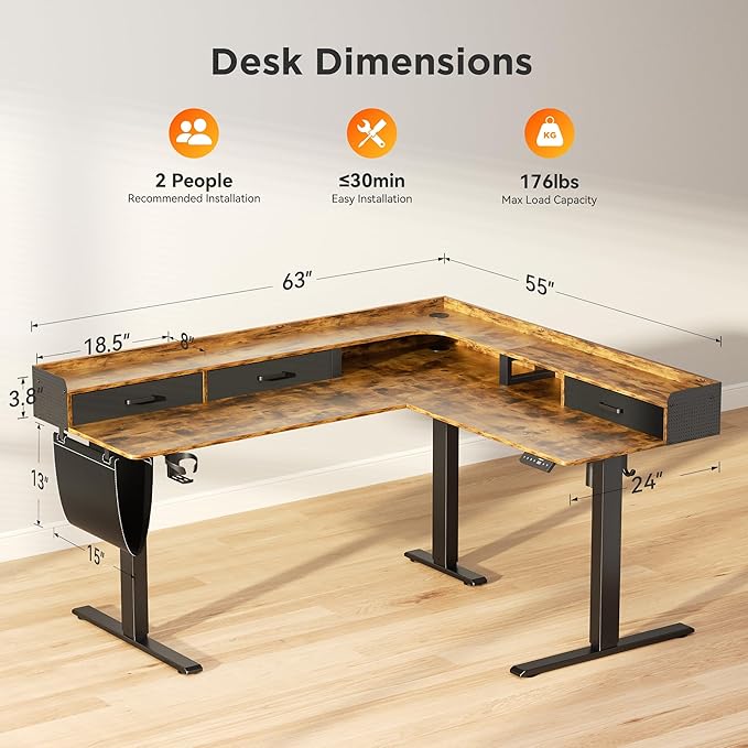63 Inches Height Adjustable L Shaped Standing Desk with 3 Drawers and Monitor Shelf, Electric Corner Comupter Desk, Sit Stand up Home Office Desk, Ergonomic Gaming Desk, Rustic Brown
