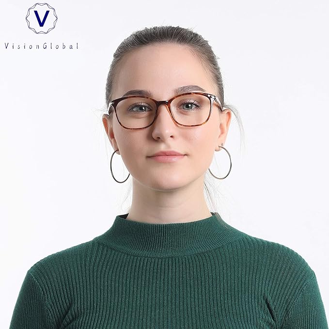 VisionGlobal Blue Light Blocking Glasses for Women/Men, Anti Eyestrain, Computer Reading, TV Glasses, Stylish Square Frame, Anti Glare(Tortoise,No Magnification)