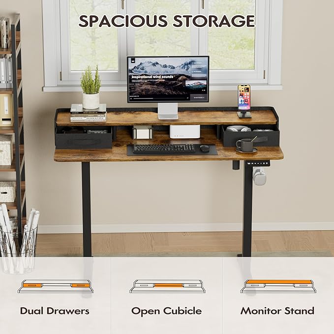 Furmax Electric Standing Desk with Drawers, Stand Up Desk with Storage Shelf Height Adjustable Computer Desk with Organizer for Home Office Ergonomic (Rustic Brown, 48 Inch)