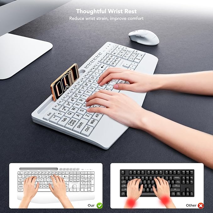 KYSONA Large Print Wireless Keyboard, Full Size Cordless Computer Keyboard with Phone Holder, Palm Rest, Ergonomic Tilt Angle, 2.4G Plug-and-Play, Compatible with Tablet/Windows/Laptop/PC, White