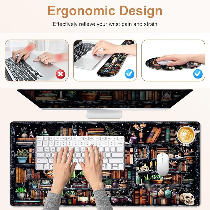 Forest Library Books Mouse Pad, XXL Large Desk Mat Extended Nature Aesthetic Deskpad, 4 PCS Non-Slip Rubber Base Computer Mouse Pads for Work, Game, Office, Home Decor Gift I Magic Plants Bottles