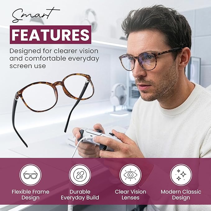 LifeArt Round Blue Light Blocking Glasses, Computer Glasses, Gaming Glasses, TV Glasses for Women Men (Tortoise, 0.75 Magnification)