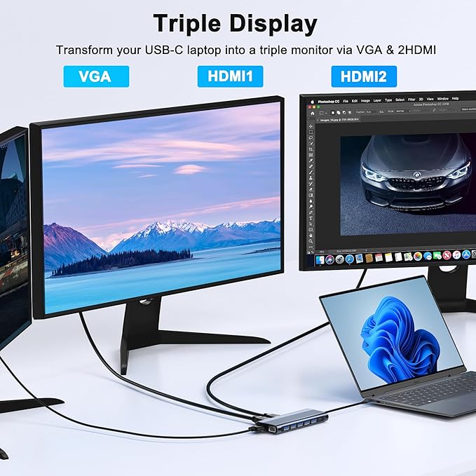 USB C Docking Station Dual Monitor for Dell/HP/Lenovo/Mac Laptop, Dual HDMI Adapter for 2 Monitors, 14 in 1 Laptop Docking Station Dual Monitor with 10Gbps USB/HDMI/VGA/PD/Ethernet/SD/TF/Audio/Mic
