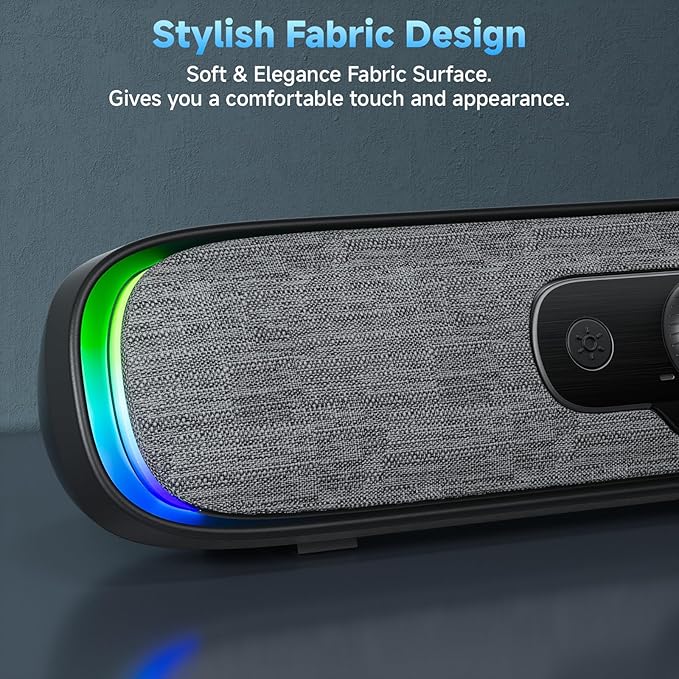 SOULION Computer Speakers, USB C/USB Powered PC Speaker with Colorful LED Lights, Plug-N-Play Wired Bluetooth Sound bar with Rotary Control for Desktop Laptop Monitor Office Work Music Black