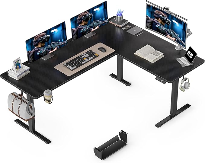 75X61 Inches Reversible L Shaped Standing Desk Height Adjustable, Electric Corner Computer Desk with Cup Holder, Sit Stand up Home Office Desk, Ergonomic Gaming Desk, Black