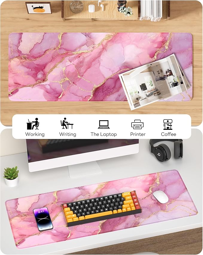 Pink Marble Mouse Pad, 31.5 x 11.8 Large Desk Mat with Stitched Edges & Non-Slip Base, Mousepad for Office, Home, Work