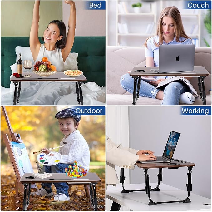 Laptop Desk for Bed, Height Adjustable Laptop Bed Table, Foldable Portable Lap Desk Stand with USB/Storage Drawer/Cup Holder/Slot, Breakfast Tray for Working Reading Writing Eating