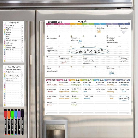 JJPRO Magnetic Dry Erase Monthly Calendar Set for Fridge-Reusable Monthly Calendar,Weekly Planner&Lists for Refrigerator-Starts Monday-Magnetic Multicolor Monthly Planner Bundle-16.5x11"