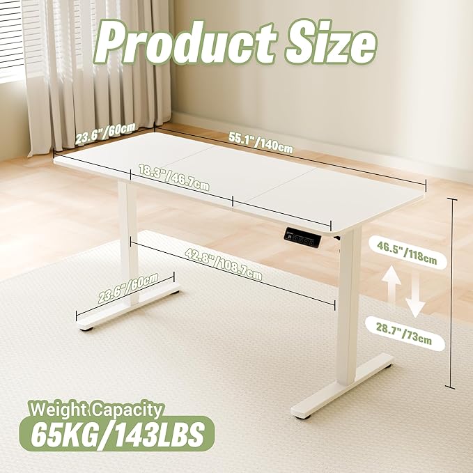 ERGOMAKER 55" Electric Standing Desk, Adjustable Height, Sit Stand Up Desk for Home Office & Computer Workstations, Memory Controller, White