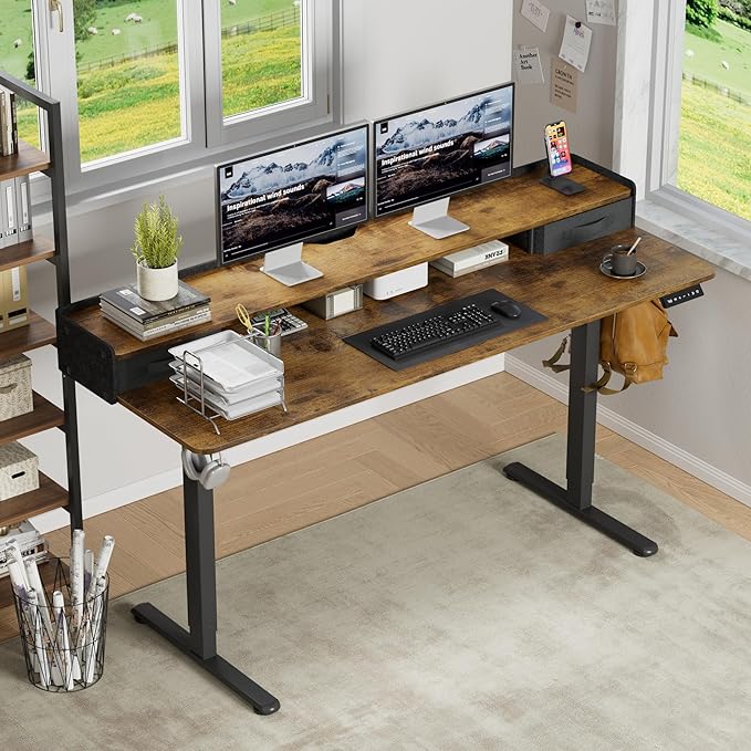 Furmax Electric Standing Desk with Drawers, Stand Up Desk with Storage Shelf Height Adjustable Computer Desk with Organizer for Home Office Ergonomic (Rustic Brown, 63 Inch)