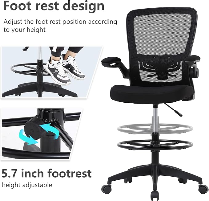 BestOffice Drafting Chair Tall Office Chair Adjustable Height with Lumbar Support Flip Up Arms Footrest Mid Back Task Mesh Desk Chair Computer Chair Drafting Stool for Standing Desk (B-Black)