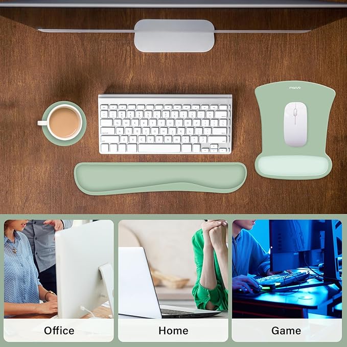 MOSISO Wrist Rest Support for Mouse Pad & Keyboard Set, Ergonomic Mousepad&Coaster Non-Slip Base Home/Office Pain Relief & Easy Typing Cushion with Neoprene Cloth & Raised Memory Foam, Green