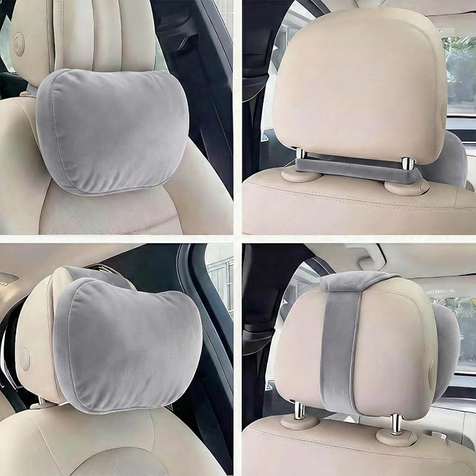 2PCS Car Pillow for Car Neck Pillow for Driving Seat Leather Neck Support Soft Cushion Back Support Head-Rests for Vehicle Sleeping with Elastic Adjustment Strap (Grey, Head)