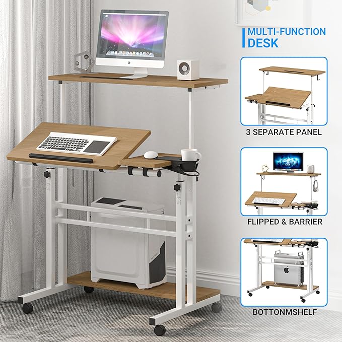 Mobile Standing Desk, Adjustable Rolling Computer Desk with 3 Desktops, Portable Laptop Table with Cup Holder, Home Office Laptop Workstation on Lockable Wheels,Khaki