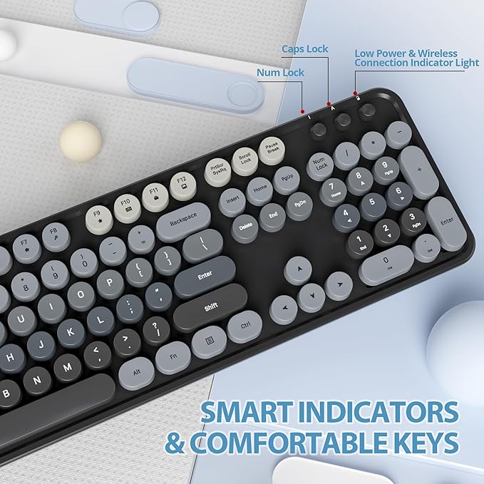 Black Keyboard and Mouse Combo Wireless, 2.4G Full Size 104-Key Retro Typewriter Keyboards Round Keys for Students Teenagers Home Office PC Laptop(Black Gray)