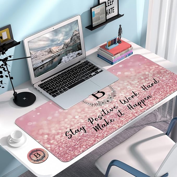 Pink Large Gaming Mouse Pad with Coaster, Desk Mat, Mouse Pad for Computer Keyboard Laptop Office Decor, Stitched Edges Extended Mousepad, 31.5'' x15.6'' -Letter B