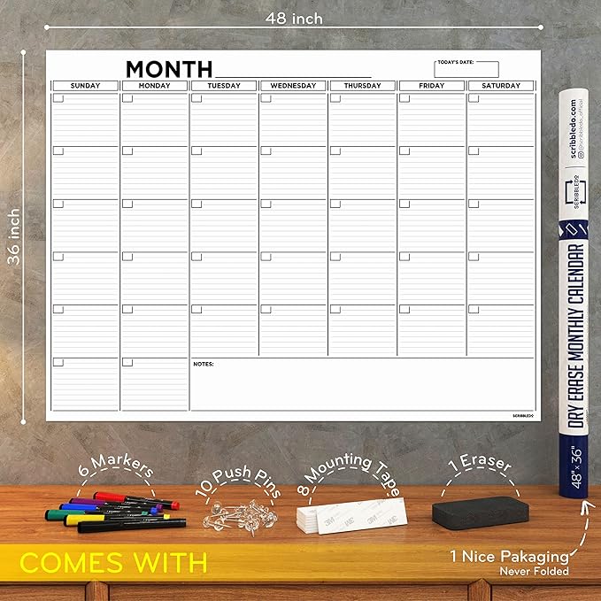 Large 36"x48" White Board Calendar Blank Dry Erase Calendar for Wall Big Dry Erase Wall Calendar Monthly Large Wall Calendar Dry Erase Board Planner Includes 6 Markers Eraser Push Pins & Mounting Tape