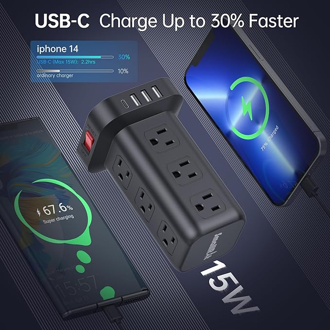 Extension Cord with Multiple Outlets, SMALLRT Surge Protector Power Strip Tower, 10FT Outlet Extender with 12 AC Outlets 4 USB, Power Strip with USB Ports for Home Office Dorm Room,Overload Protection