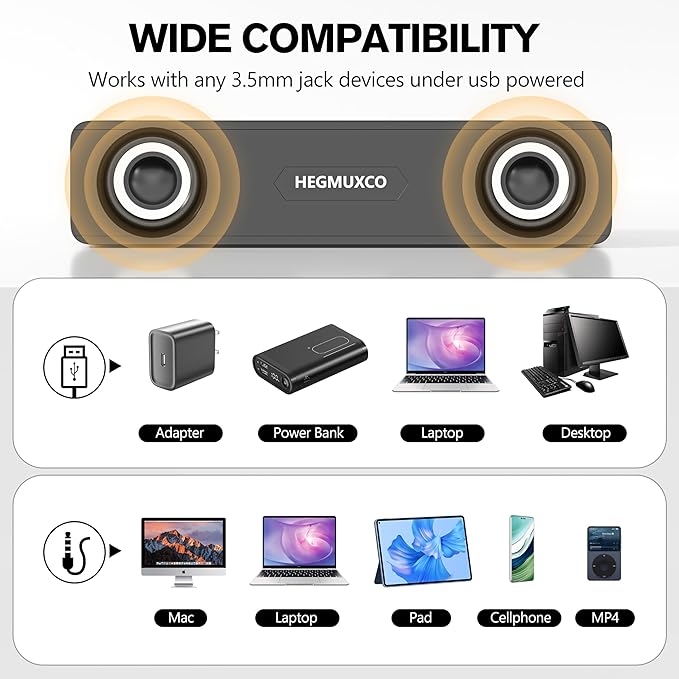 Compact PC Speakers for Desktop - 10W Wired Stereo Speaker with Volume Control Knob, USB Powered, 3.5mm Audio Input, Laptop Expertly Tuned Computer Soundbar with Deep Bass for Office, Home, and Gaming