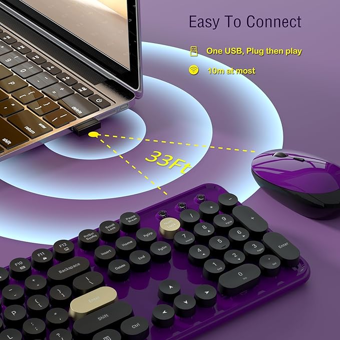 Wireless Keyboard and Mouse Combos, Retro Keyboard and Mouse Wireless Full Size, 2.4Ghz Connection and Optical Mouse for Windows, Mac, PC, Laptop for Home and Office (Purple-Black)