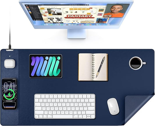 TopMade Mouse Pad with 15W Wireless Charging, XXL Large Leather Desk Mat, Waterproof Gaming Mousepad Home Office Desk Pad Protector, Computer Keyboard Pad, Mouse Mat for MacBook, PC, Laptop, Blue