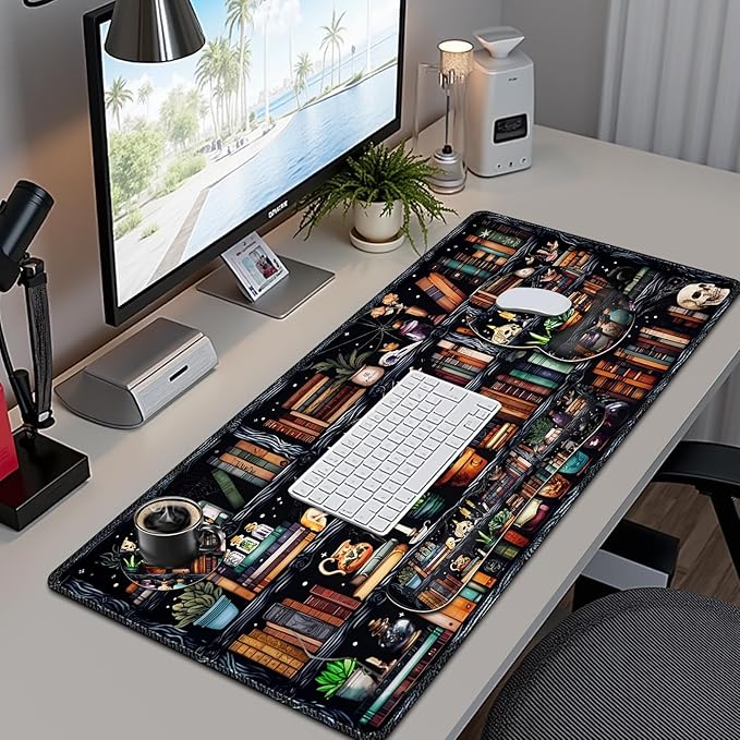 Forest Library Books Mouse Pad, XXL Large Desk Mat Extended Nature Aesthetic Deskpad, 4 PCS Non-Slip Rubber Base Computer Mouse Pads for Work, Game, Office, Home Decor Gift I Magic Plants Bottles