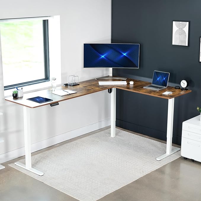 VIVO Corner Standing Desk, 84 x 63 inch Reversible L-Shaped Workstation, Electric Height Adjustment, Home, Office, and Reception Rooms, Rustic Vintage Brown Table Top White Frame, DESK-E3CTWN-84