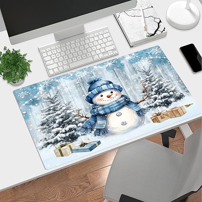 HVEST Cute Christmas Gaming Mouse Pad for Desk, Xmas Tree Snowman Snowflake Desk Mat XL,Large Keyboard and Mouse Pad with Non-Slip Rubber Base and Stitched Edge for Game, Office, Home 31.5'' x 15.7''