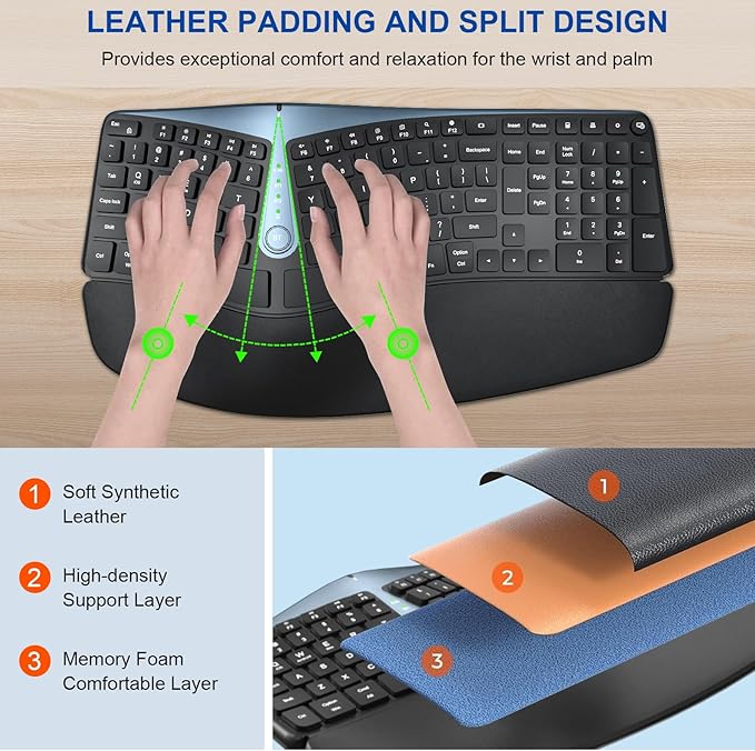 Ergonomic Wireless Keyboard and Mouse, MK835 Ergo Bluetooth/2.4G Split Design Keyboard Mouse Combo with Cushioned Palm Rest, Multi-Device, Wave Keys, Rechargeable, for Windows/Mac/Android