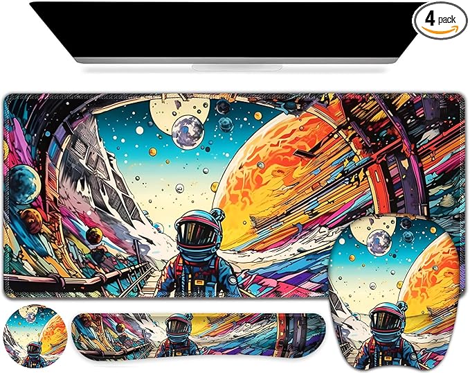 Large Anime Mouse Pad with Wrist Support 4 in1 Set, XXL Big Game Mousepad + Keyboard Wrist Rest+Mouse Wrist Rest Pad +Coaster Gaming Mat for Home Office Computer Boy Man I Strange Planet Space Scene