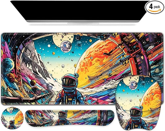Large Anime Mouse Pad with Wrist Support 4 in1 Set, XXL Big Game Mousepad + Keyboard Wrist Rest+Mouse Wrist Rest Pad +Coaster Gaming Mat for Home Office Computer Boy Man I Strange Planet Space Scene