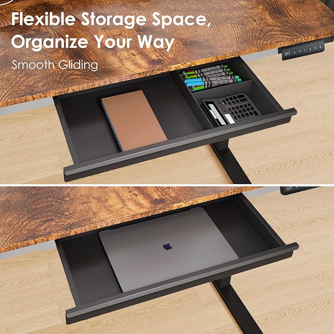 Standing Desk with Drawers and Cup Holder, Stand Up Adjustable Standing Desk, 48x24 Inch Electric Sit Stand Computer Desk with Splice Board for Home Office