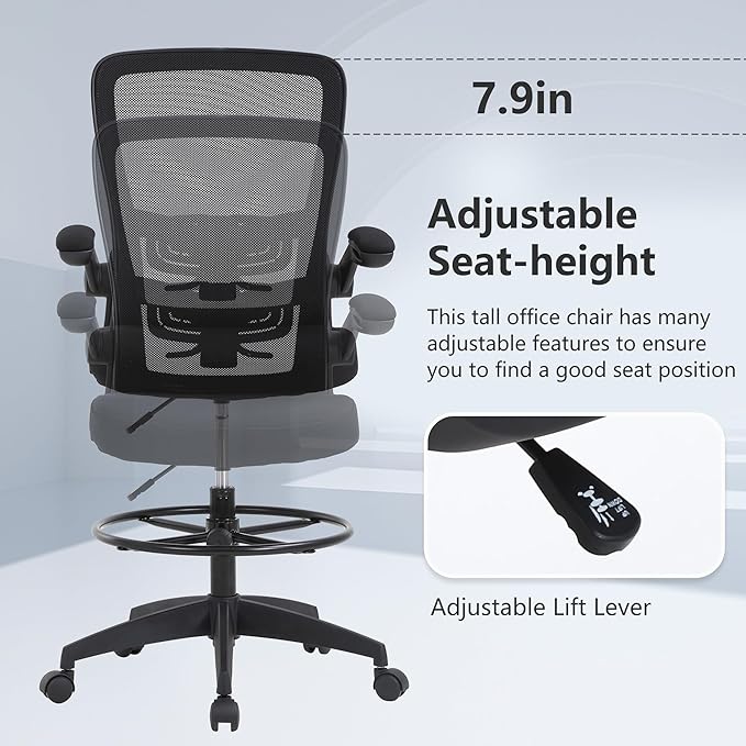 BestOffice Drafting Chair Tall Office Chair Adjustable Height with Lumbar Support Flip Up Arms Footrest Mid Back Task Mesh Desk Chair Computer Chair Drafting Stool for Standing Desk (B-Black)