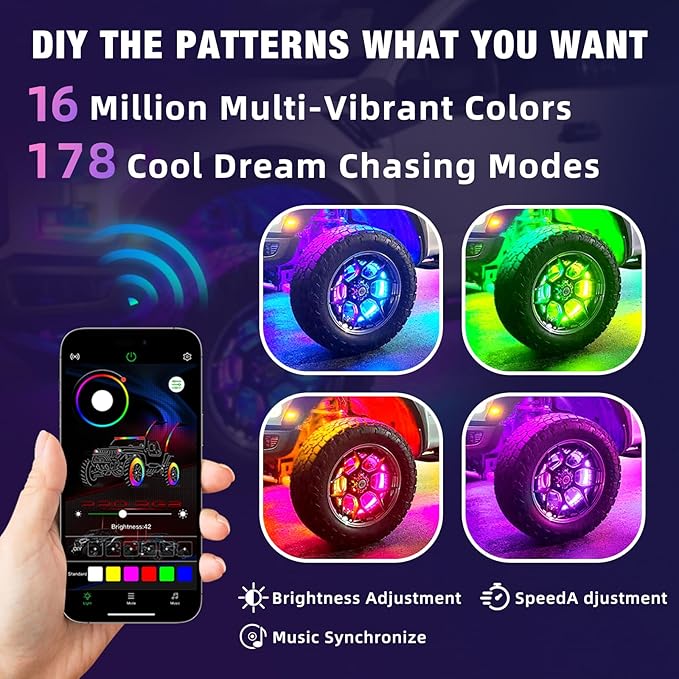 Tavaray 4PCS 17" Double Sided RGB LED Wheel Ring Lights with APP & Remote Control, 178+DIY Dynamic Modes w/Turn Signal Braking and Reverse Function Wheel Lights for Trucks Pickups Cars Offroad